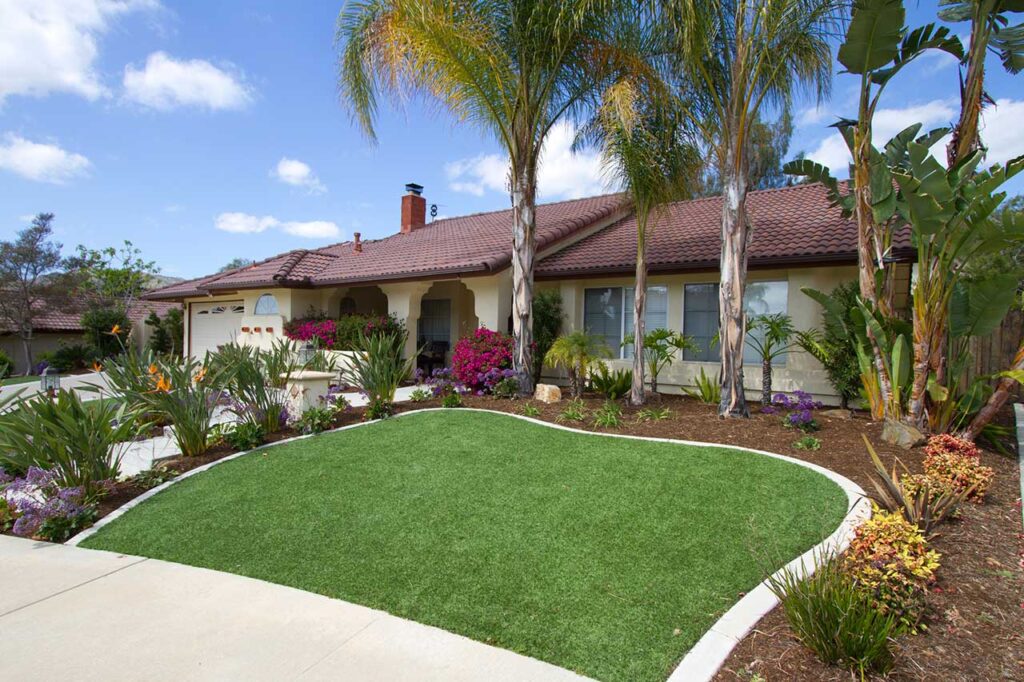elegant artificial lawn in front of the house